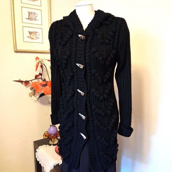 NWT Woman's Black Hooded Cardigan Coat Knit Lightweight Warm & Elegant Outerwear - Picture 7 of 10